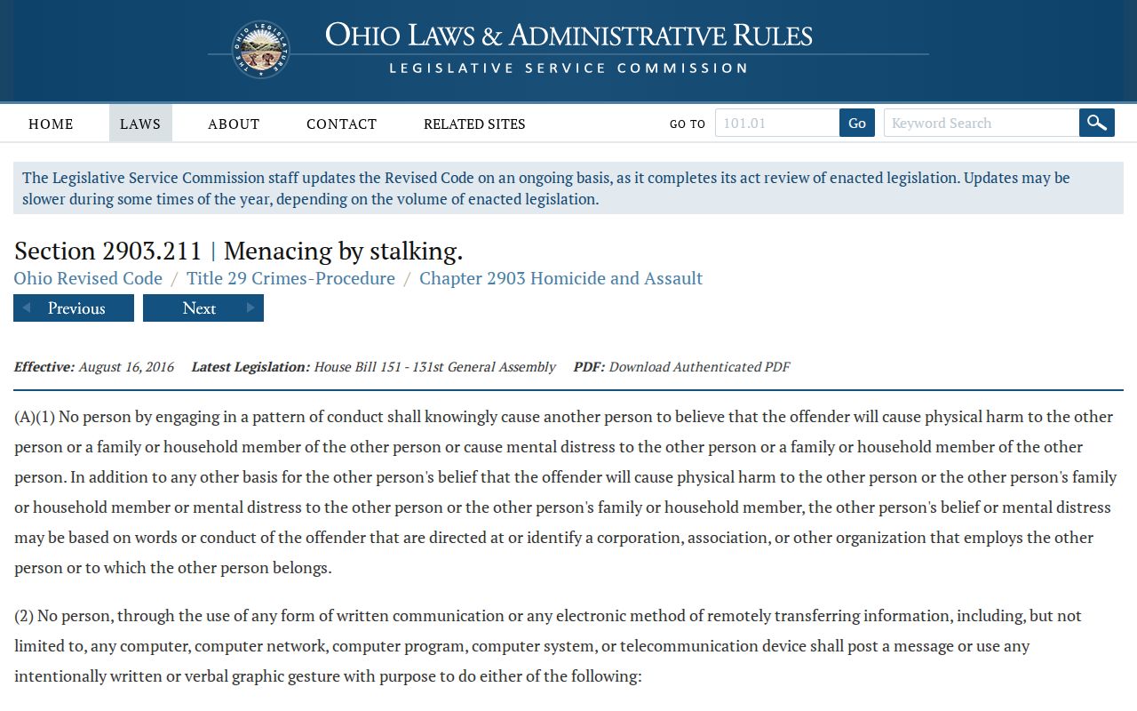 Perrysburg neighbors Ohio anti-stalking law guidance