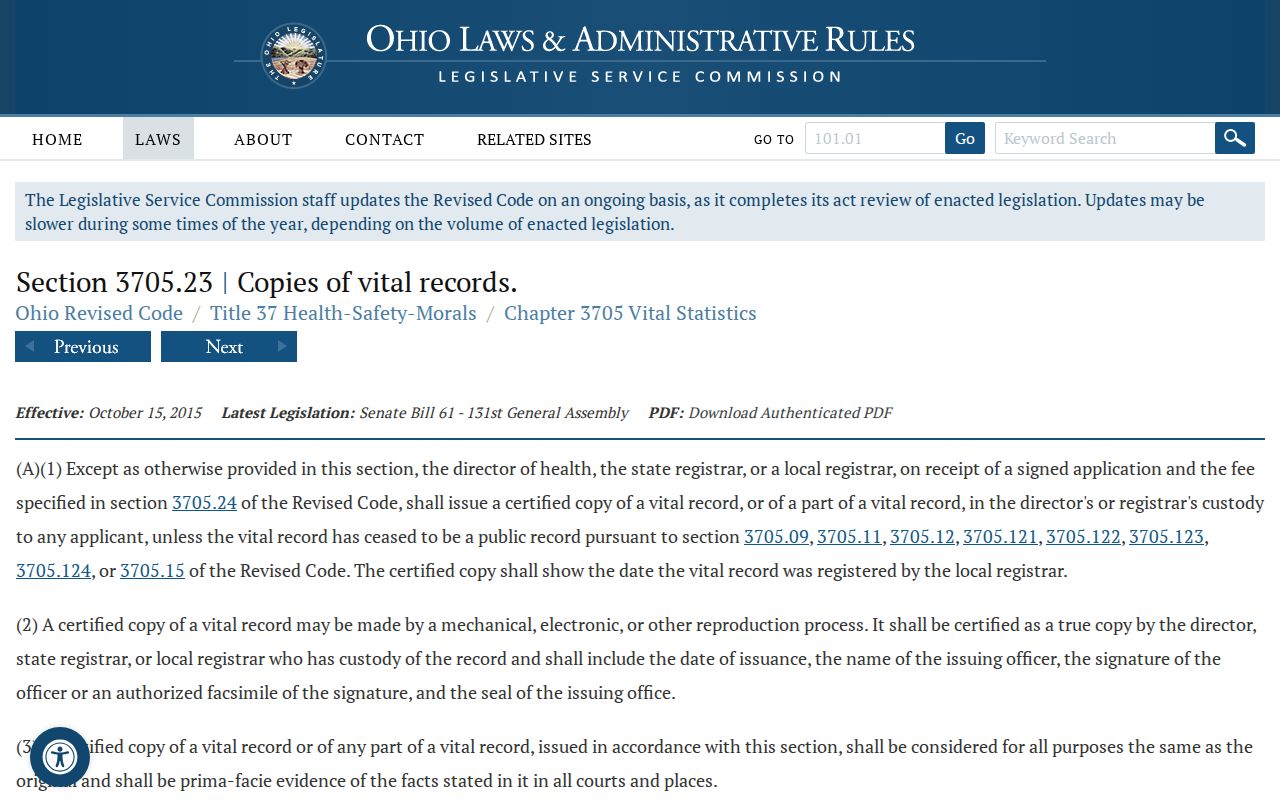 Perrysburg previous residents Ohio vital records law research