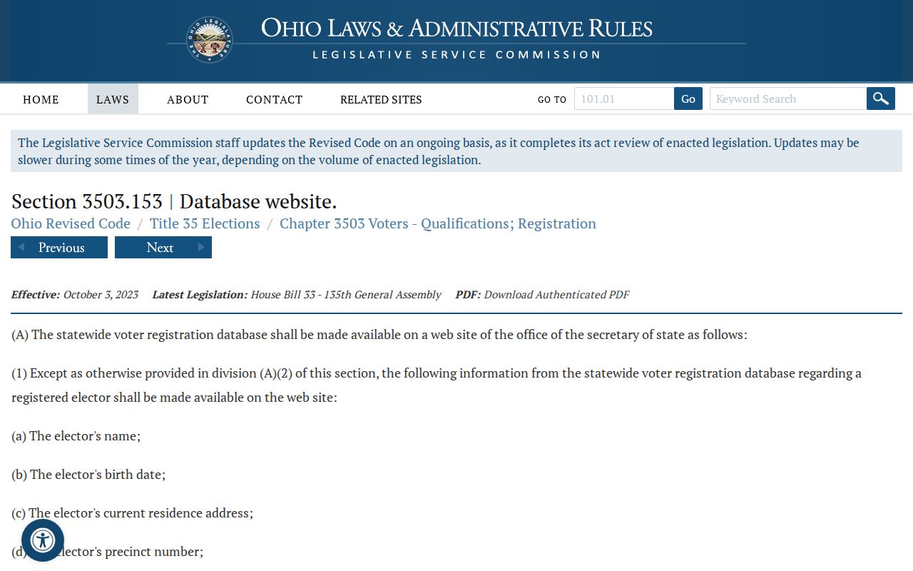 Perrysburg ZIP code directory Ohio voter database public fields law